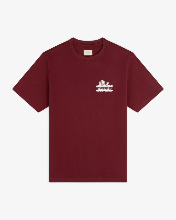Unisphere Tee: A maroon t-shirt with a small white graphic and text on the left chest.