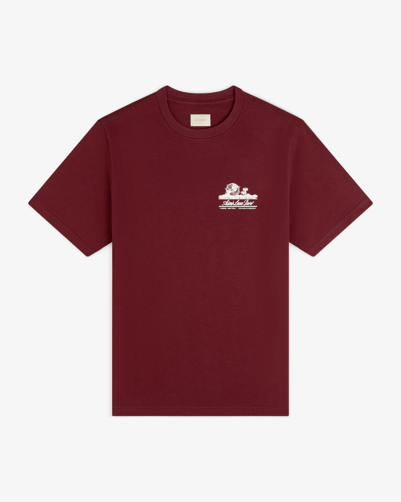Unisphere Tee: A maroon t-shirt with a small white graphic and text on the left chest.