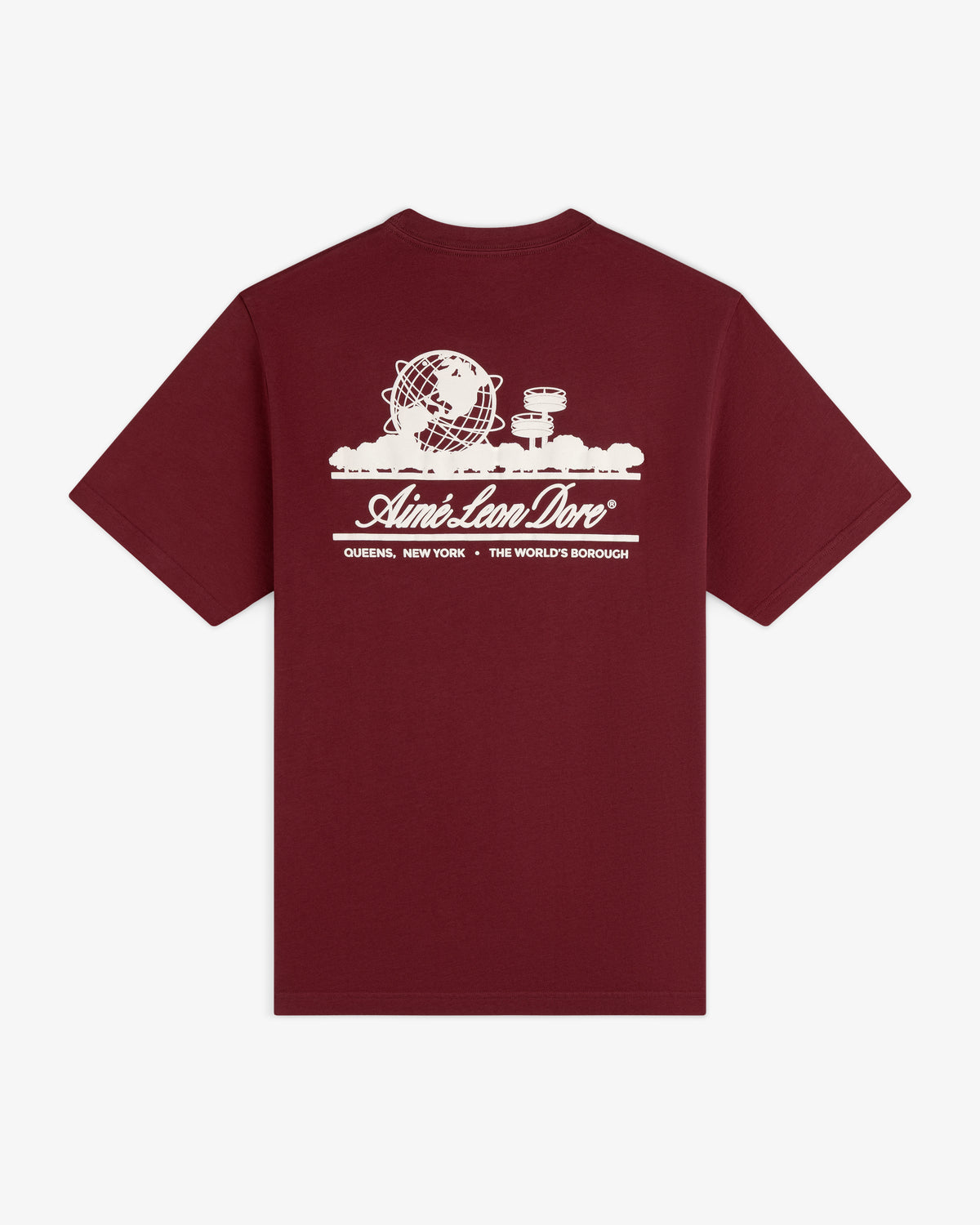 Unisphere Tee: Maroon shirt featuring a white graphic of the Unisphere, street signs, and Aimé Leon Dore on the back.