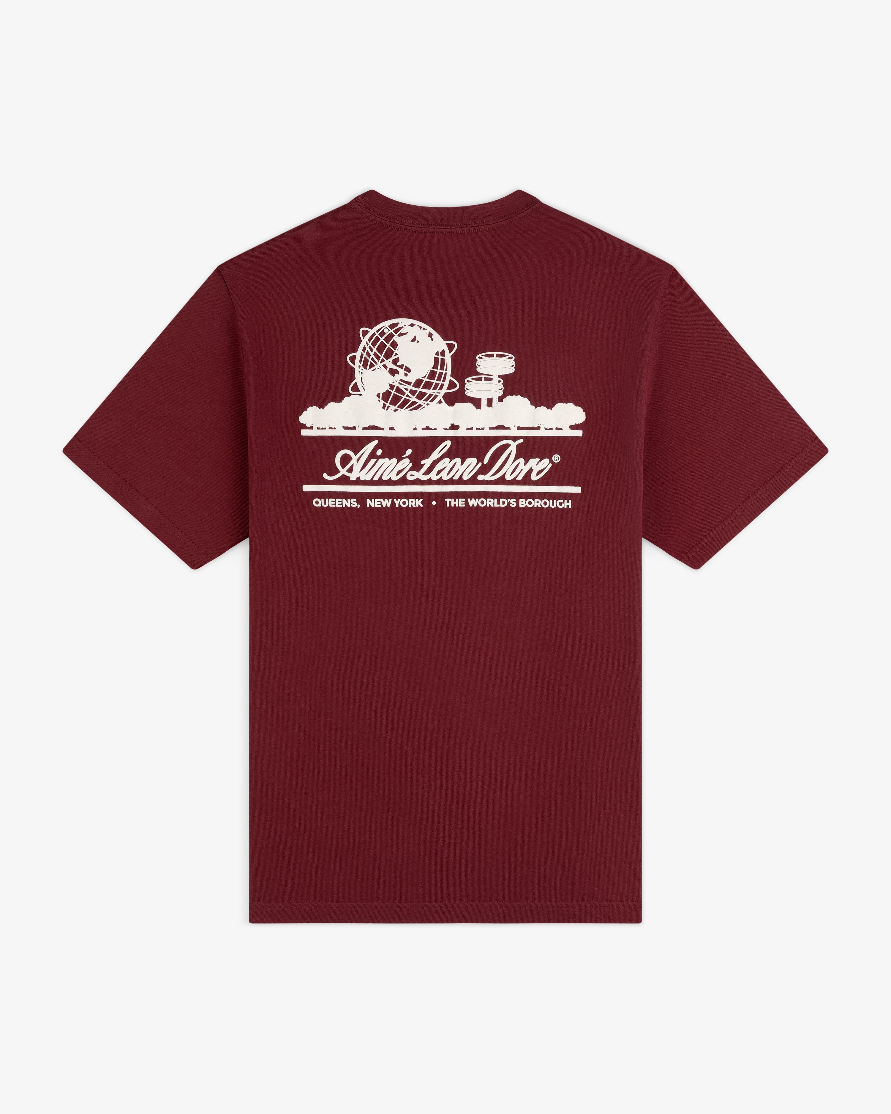 Unisphere Tee: Maroon shirt featuring a white graphic of the Unisphere, street signs, and Aimé Leon Dore on the back.
