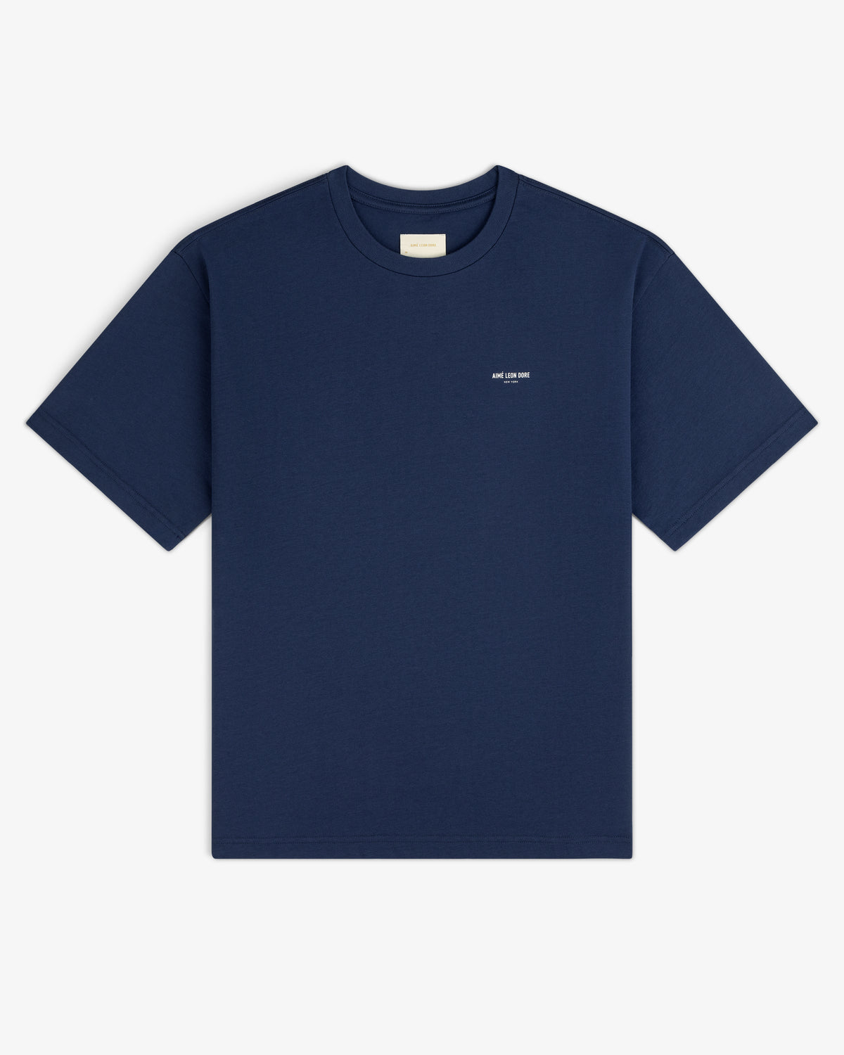 Micro Logo Tee in navy, short sleeves, small white chest text, displayed flat on a white background.