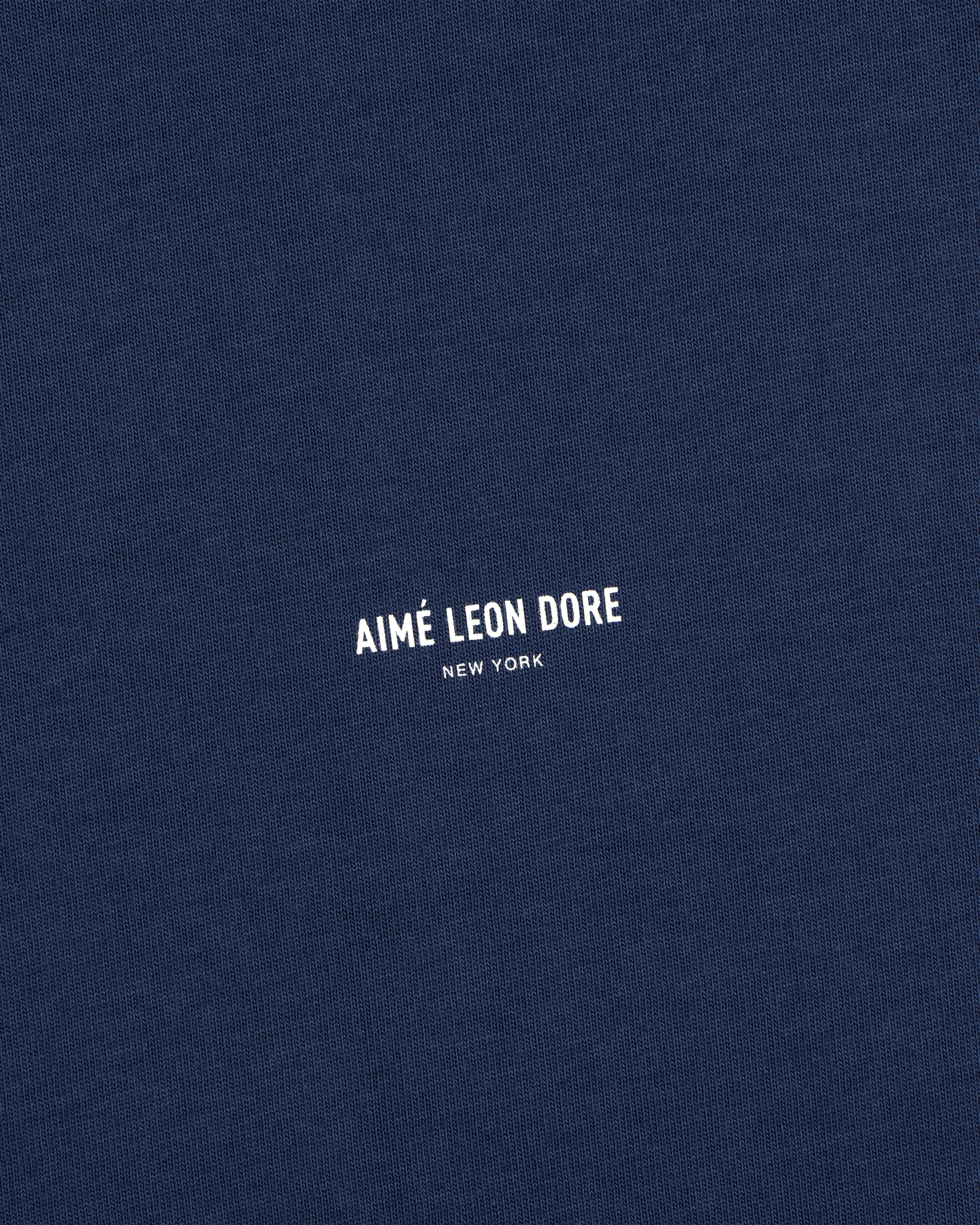 Navy blue Micro Logo Tee with AIMÉ LEON DORE NEW YORK in small white print at the center.