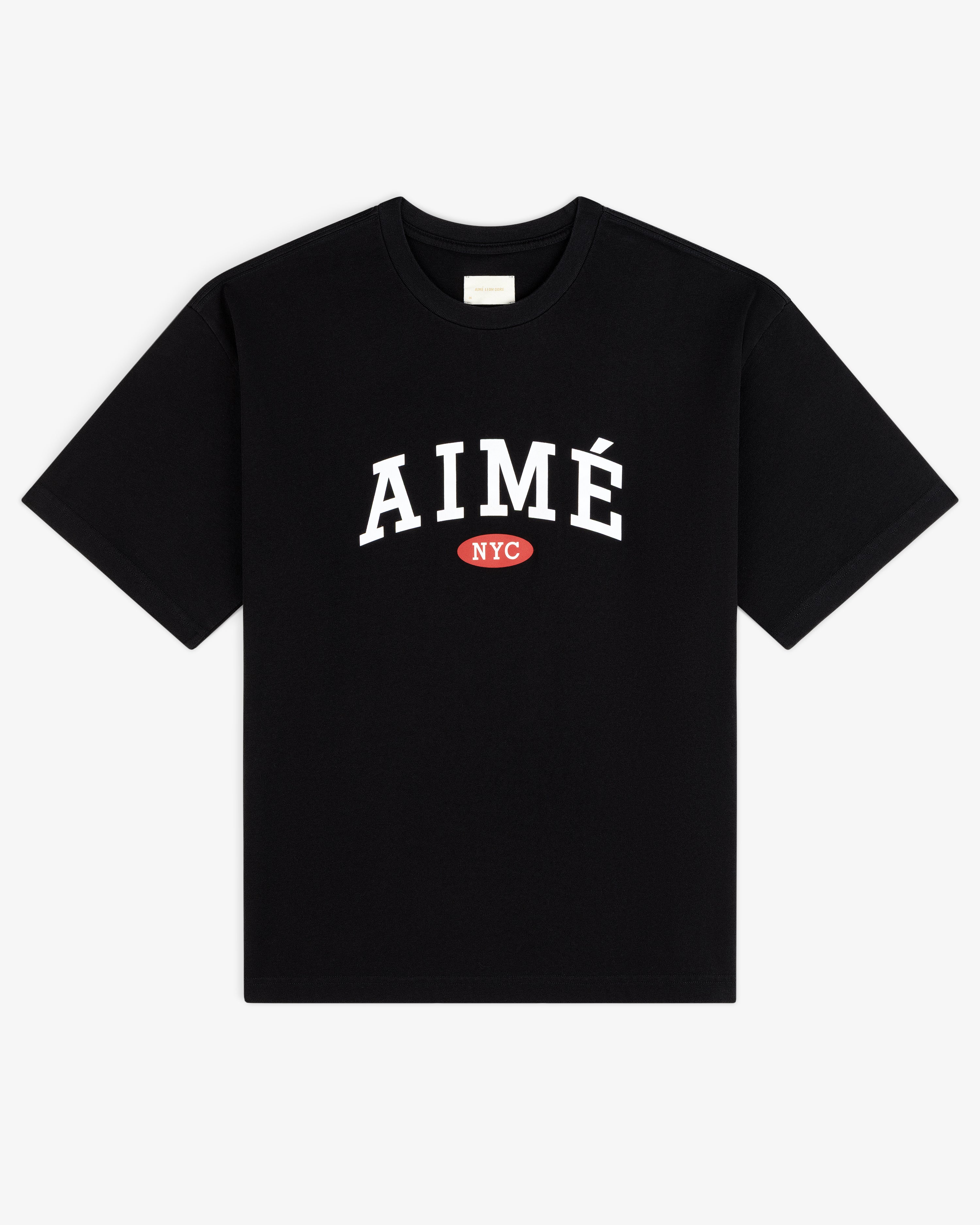 Aimé Souvenir Tee: Black shirt with bold white AIMÉ and small red NYC oval below the text.