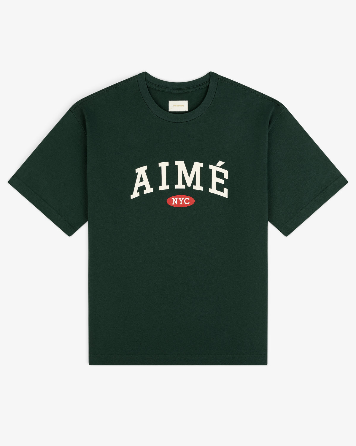 Aimé Souvenir Tee: Dark green with bold white AIMÉ lettering and a small red NYC oval underneath.