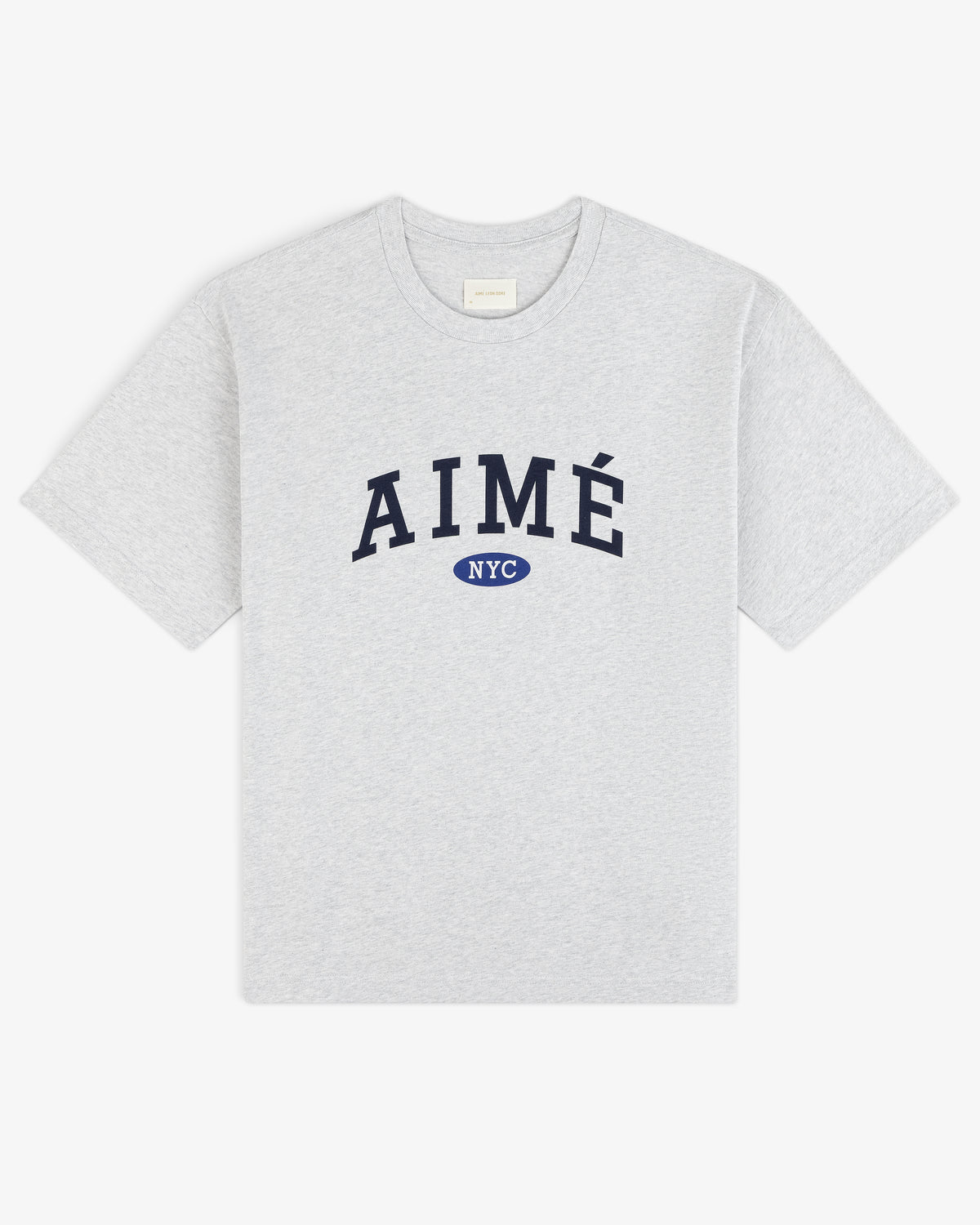 Aimé Souvenir Tee: Light gray tee with big navy AIMÉ text and a small blue NYC oval beneath.