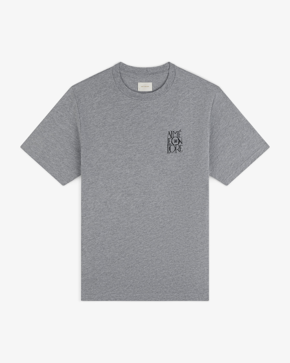 Stacked Logo Slub Tee—gray, short-sleeve, “AIME FOR LOVE” in black, thin stacked font on left chest.
