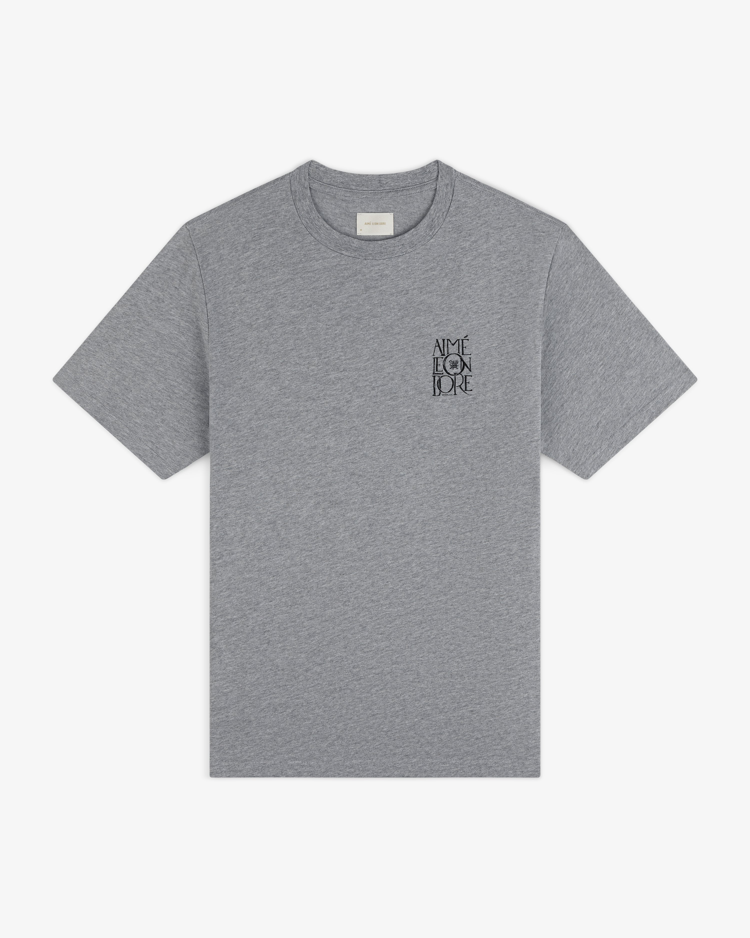Stacked Logo Slub Tee—gray, short-sleeve, “AIME FOR LOVE” in black, thin stacked font on left chest.