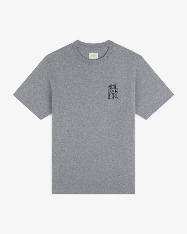 Stacked Logo Slub Tee—gray, short-sleeve, “AIME FOR LOVE” in black, thin stacked font on left chest.