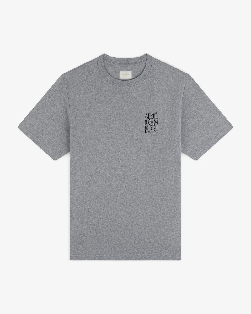 Stacked Logo Slub Tee—gray, short-sleeve, “AIME FOR LOVE” in black, thin stacked font on left chest.
