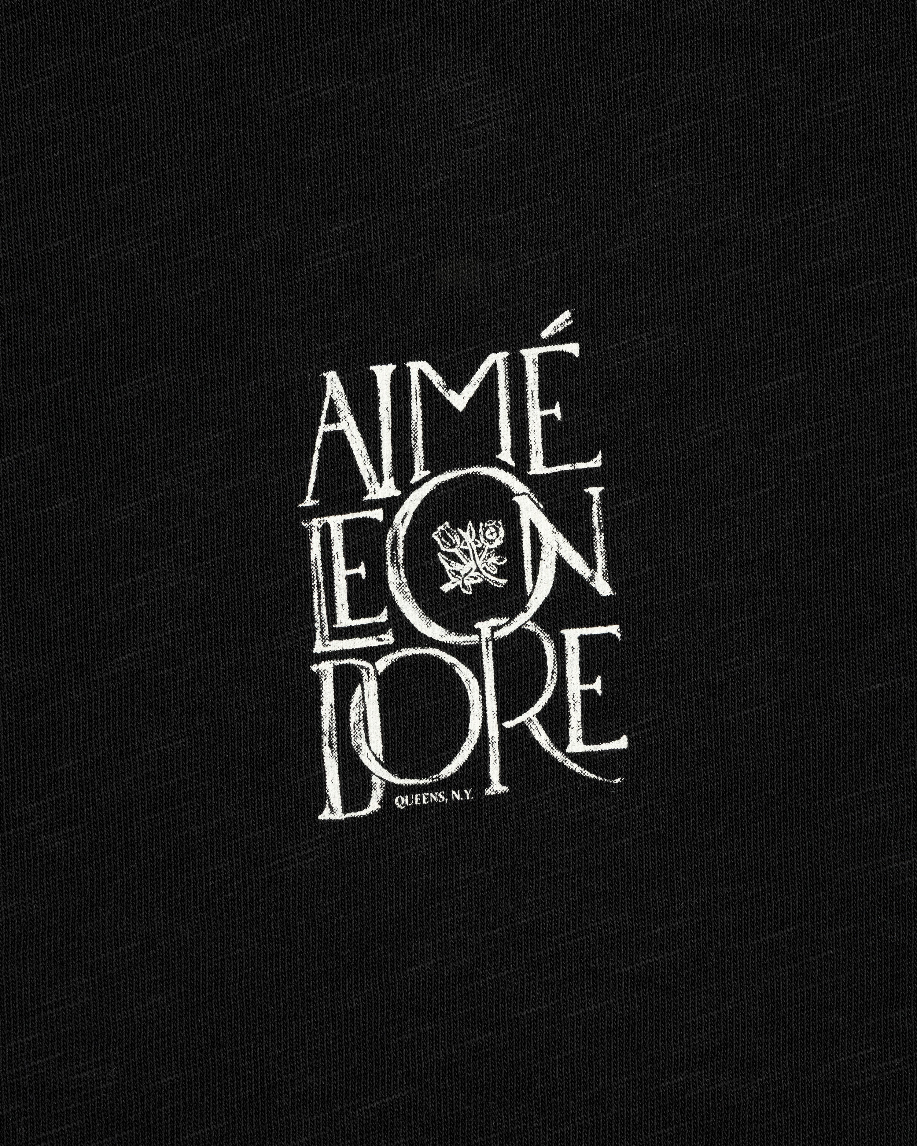 Stacked Logo Slub Tee: White AIMÉ LEON DORE crest logo on black, with QUEENS, N.Y. text below.