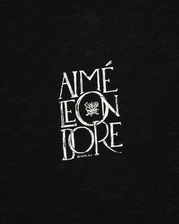 Stacked Logo Slub Tee: White AIMÉ LEON DORE crest logo on black, with QUEENS, N.Y. text below.