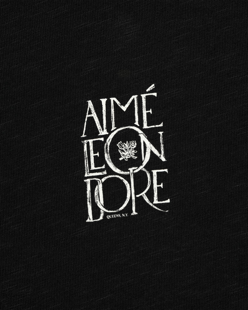 Stacked Logo Slub Tee: White AIMÉ LEON DORE crest logo on black, with QUEENS, N.Y. text below.