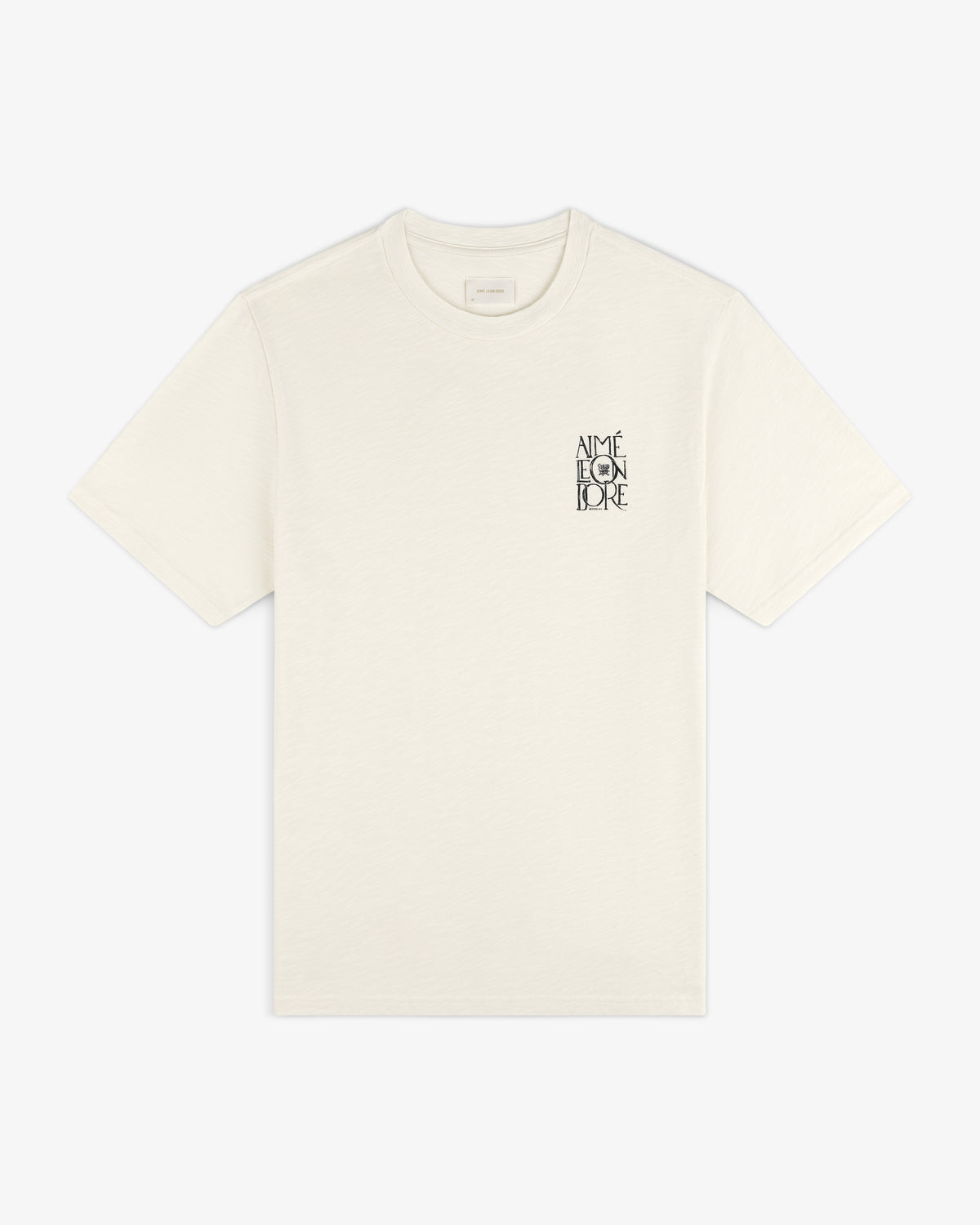Off-white Stacked Logo Slub Tee with black AIMÉ LEON DORE text on the left chest.