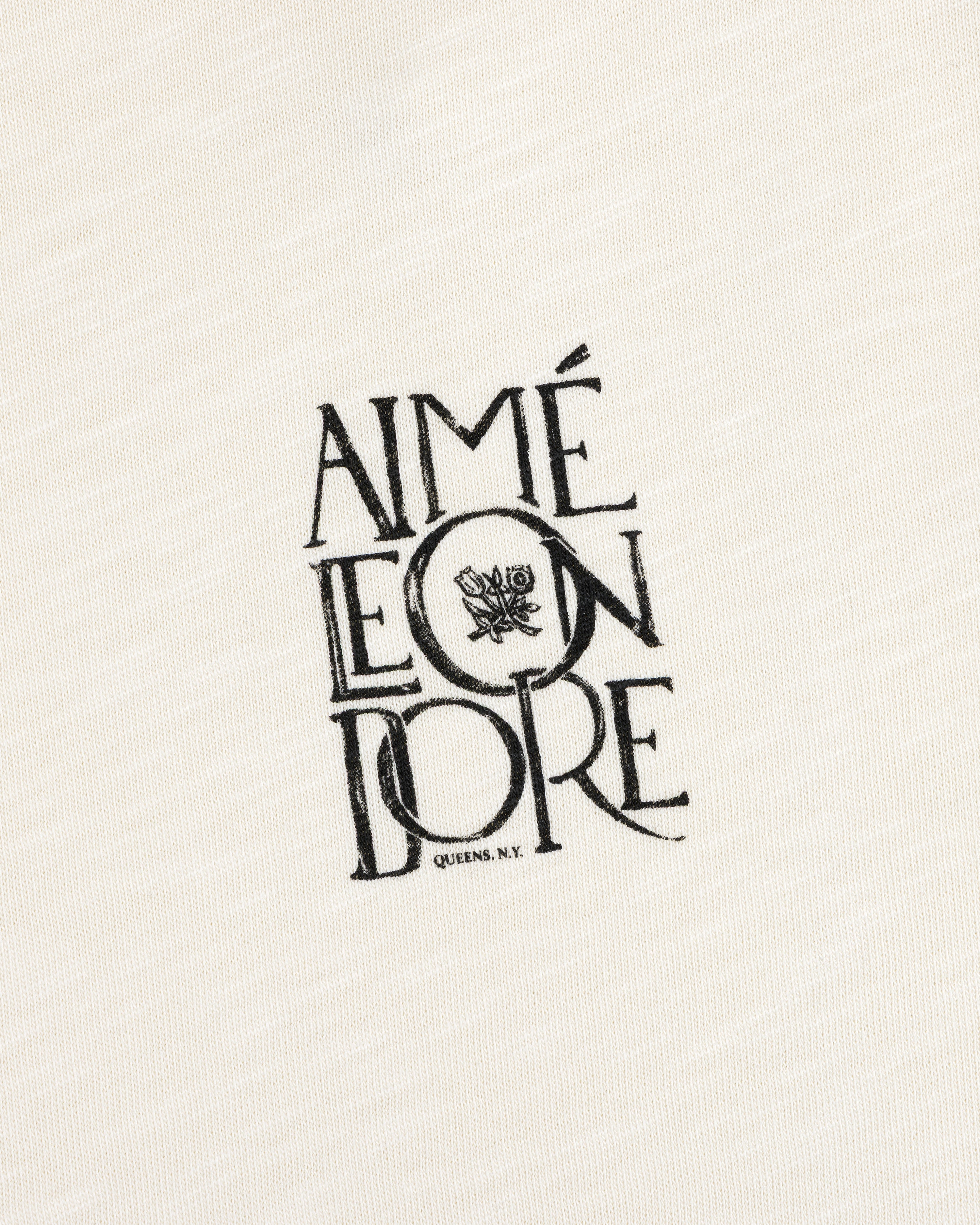Stacked Logo Slub Tee: Off-white slub with black AIMÉ LEON DORE text and a small rose graphic.