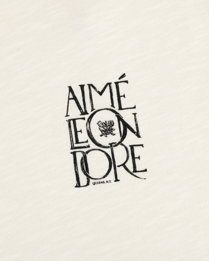 Stacked Logo Slub Tee: Off-white slub with black AIMÉ LEON DORE text and a small rose graphic.