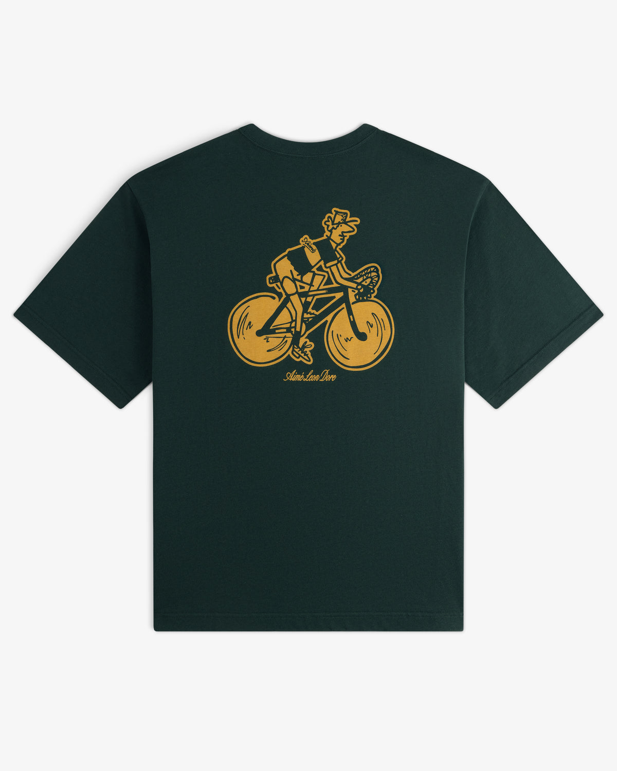 Aimé Tour Graphic Tee in dark green with a yellow bicycle rider graphic and text on the back.