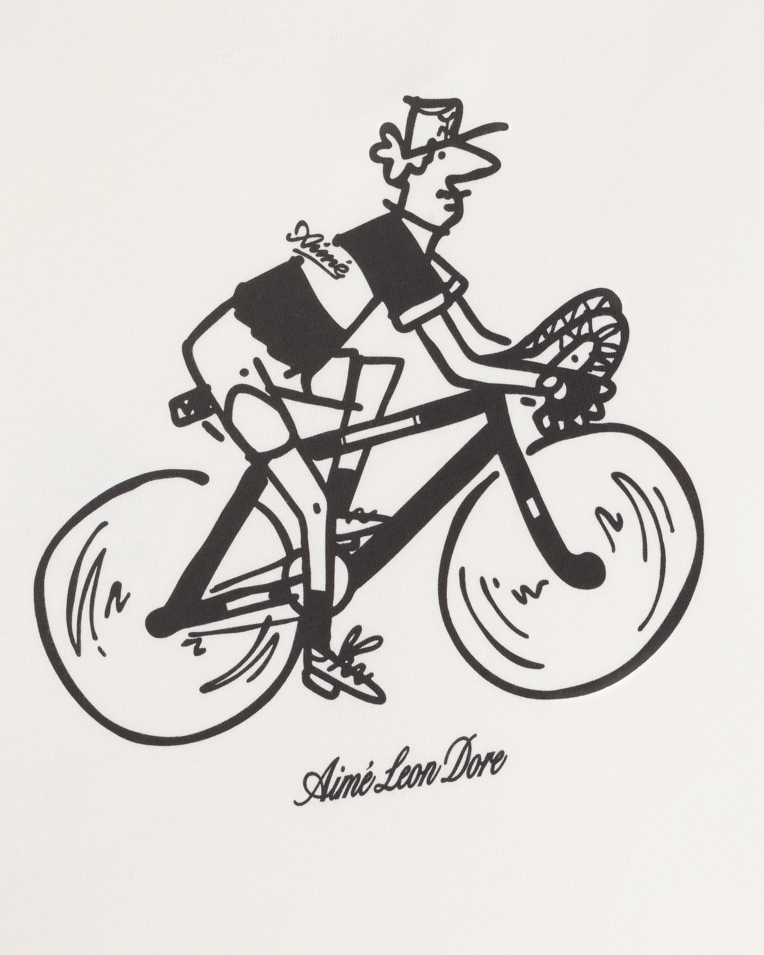 Black and white cartoon cyclist with “Aimé Leon Dore” text, featured on the Aimé Tour Graphic Tee.
