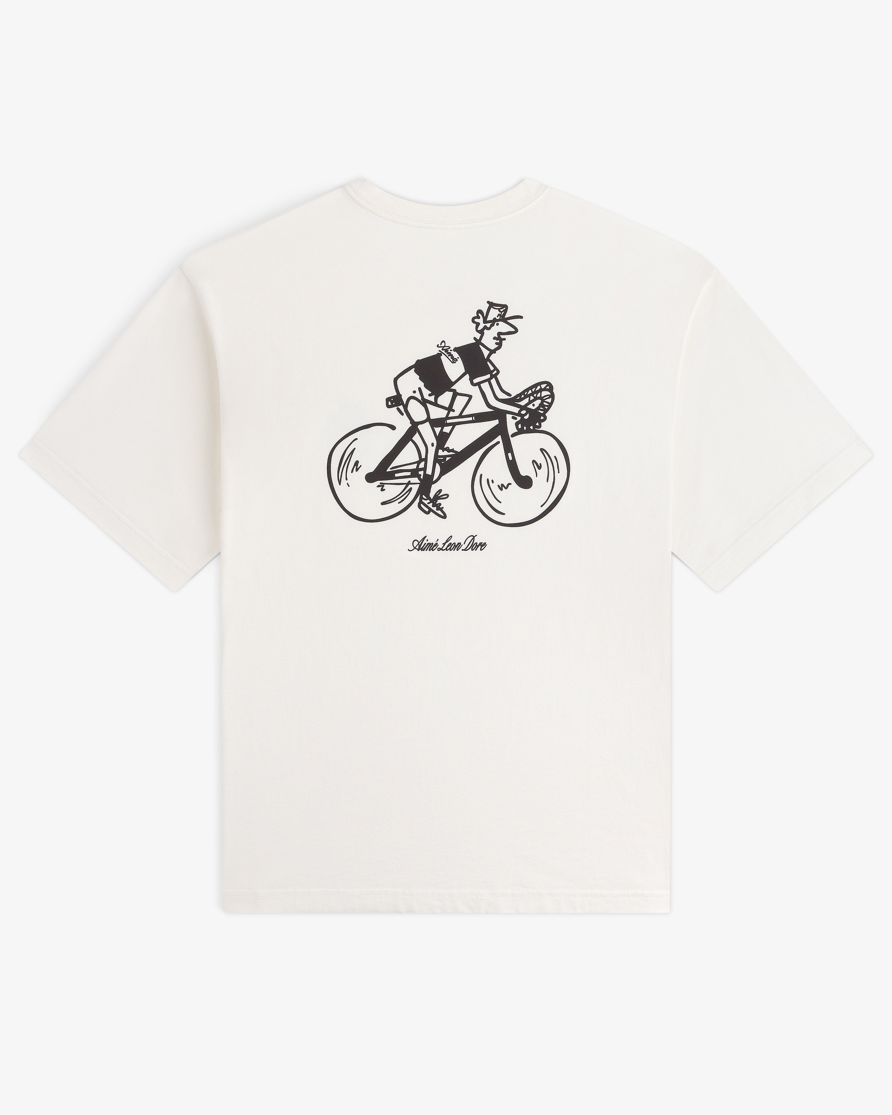 Aimé Tour Graphic Tee: White tee with black line art of cyclist on back, plus small text underneath.