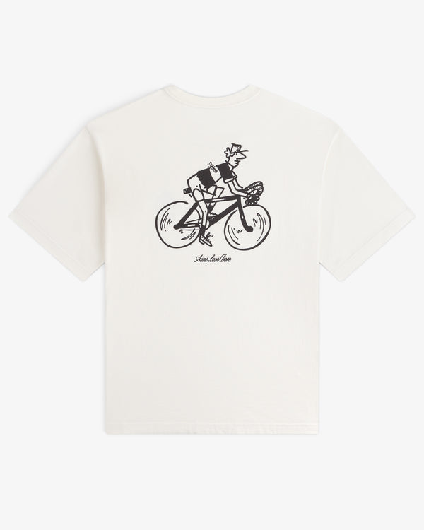 Aimé Tour Graphic Tee: White tee with black line art of cyclist on back, plus small text underneath.