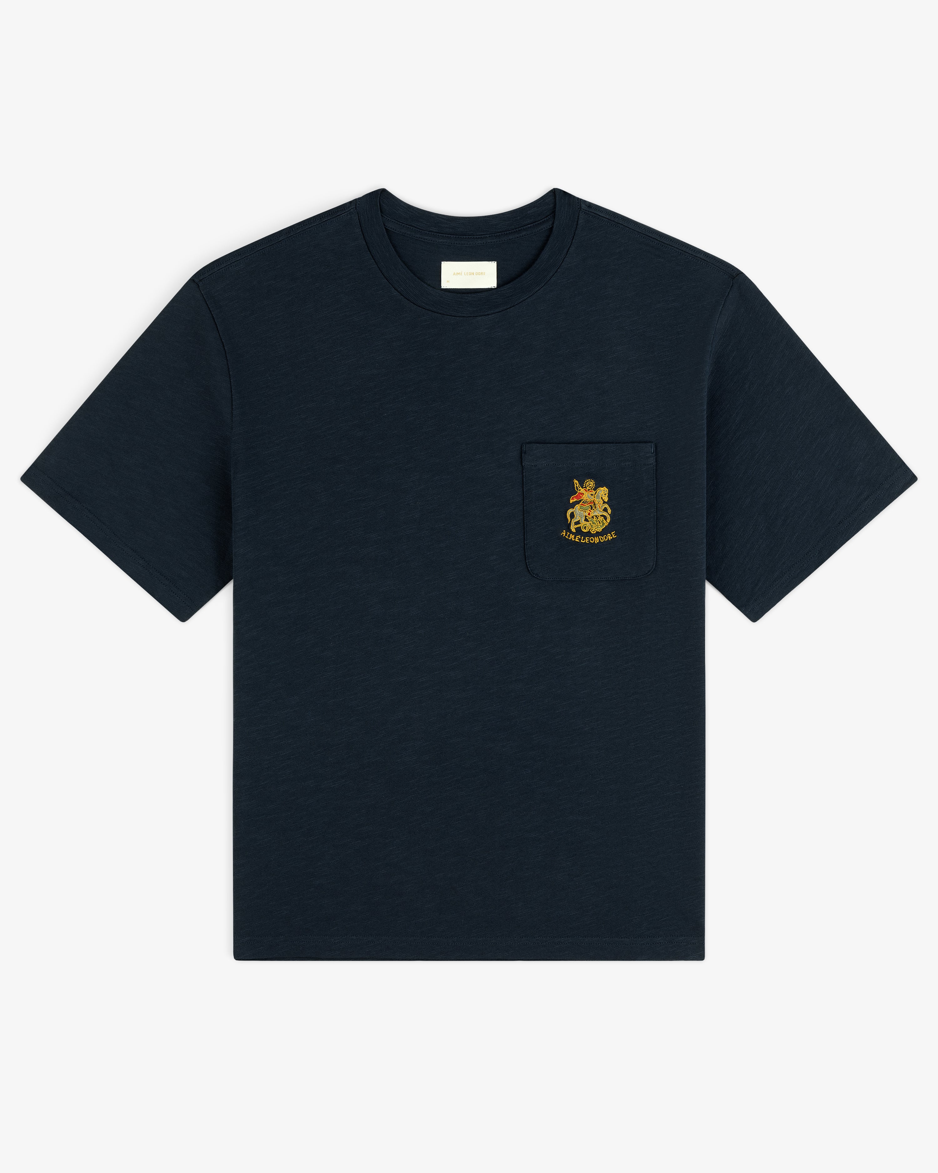 Saint George Slub Pocket Tee: Black short-sleeve with chest pocket and yellow embroidered crest.