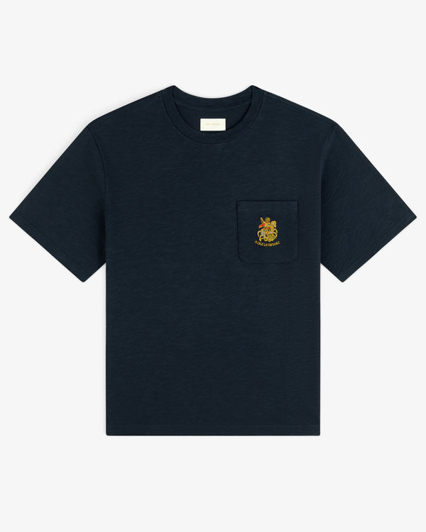 Saint George Slub Pocket Tee: Black short-sleeve with chest pocket and yellow embroidered crest.