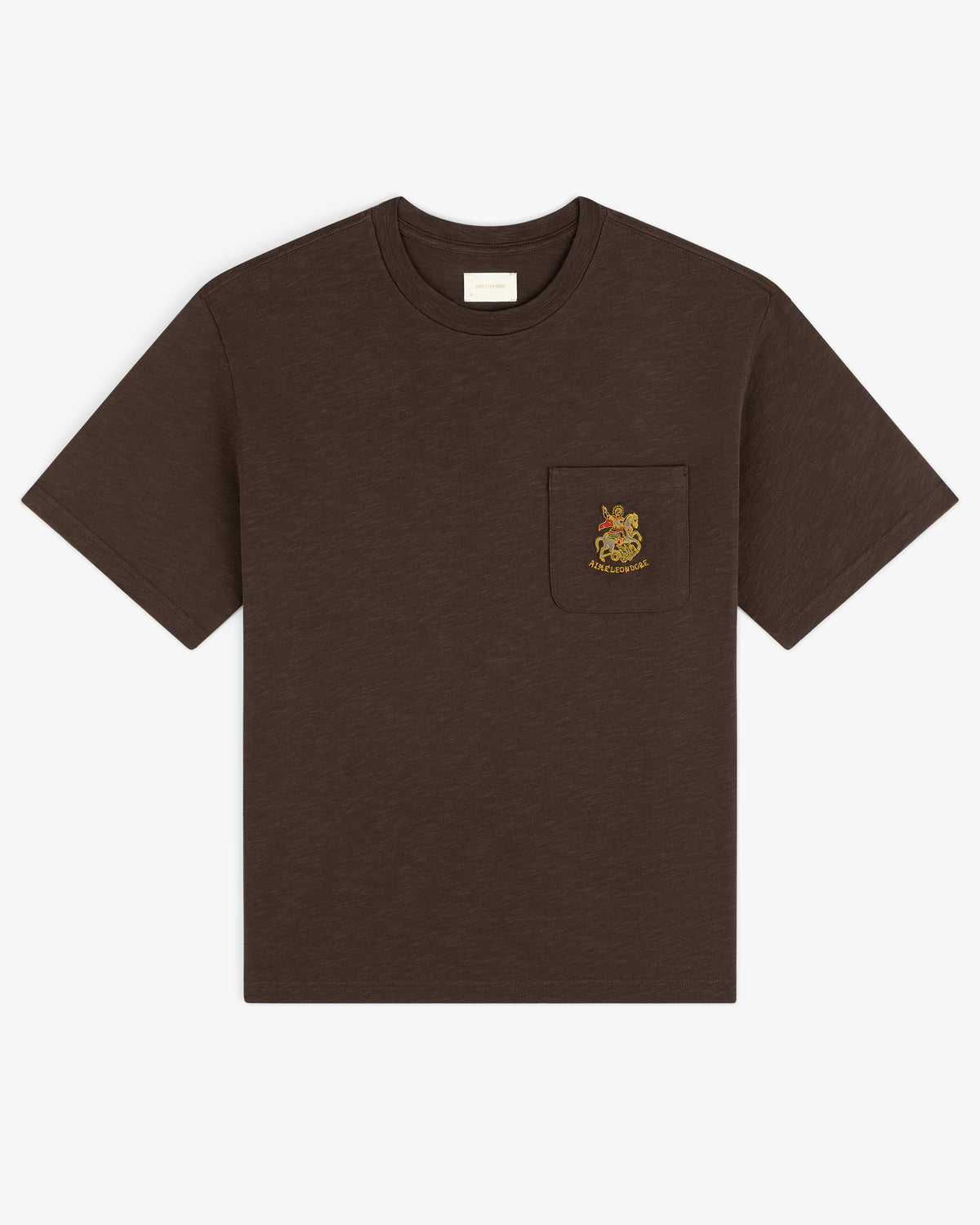 Saint George Slub Pocket Tee—brown, short sleeves, animal crest on chest pocket, shown on white background.