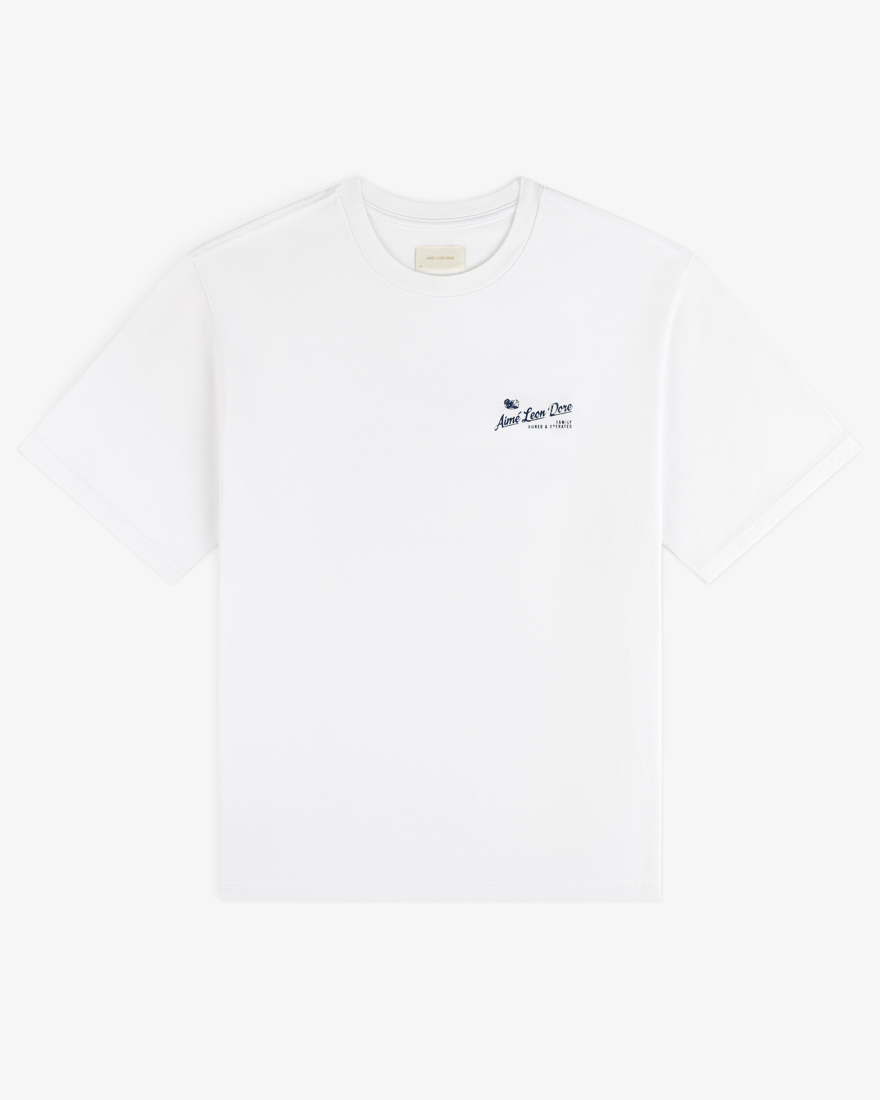 Neighborhood Tee: White short-sleeve tee with small blue text and logo on left chest, shown on plain backdrop.
