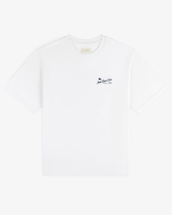 Neighborhood Tee: White short-sleeve tee with small blue text and logo on left chest, shown on plain backdrop.