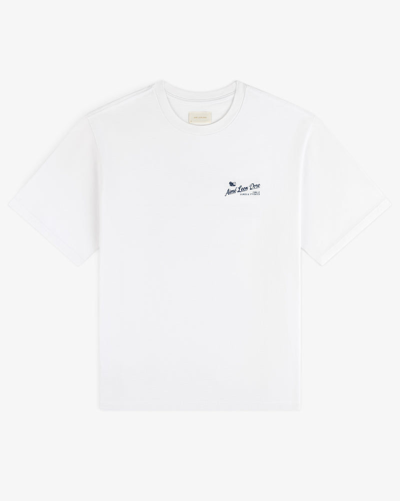 Neighborhood Tee: White short-sleeve tee with small blue text and logo on left chest, shown on plain backdrop.