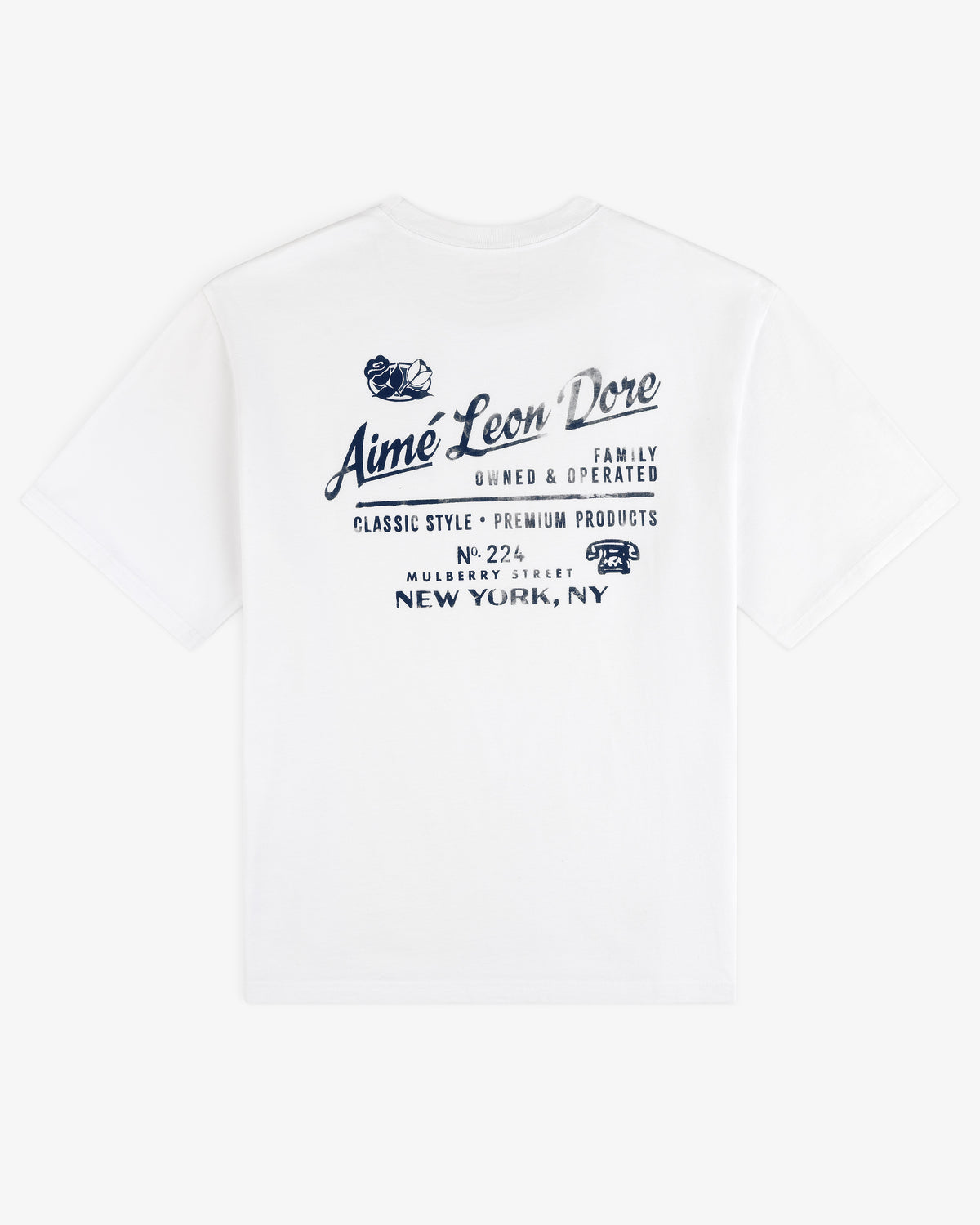 Neighborhood Tee: White shirt with blue Aimé Leon Dore script and New York address on the back.