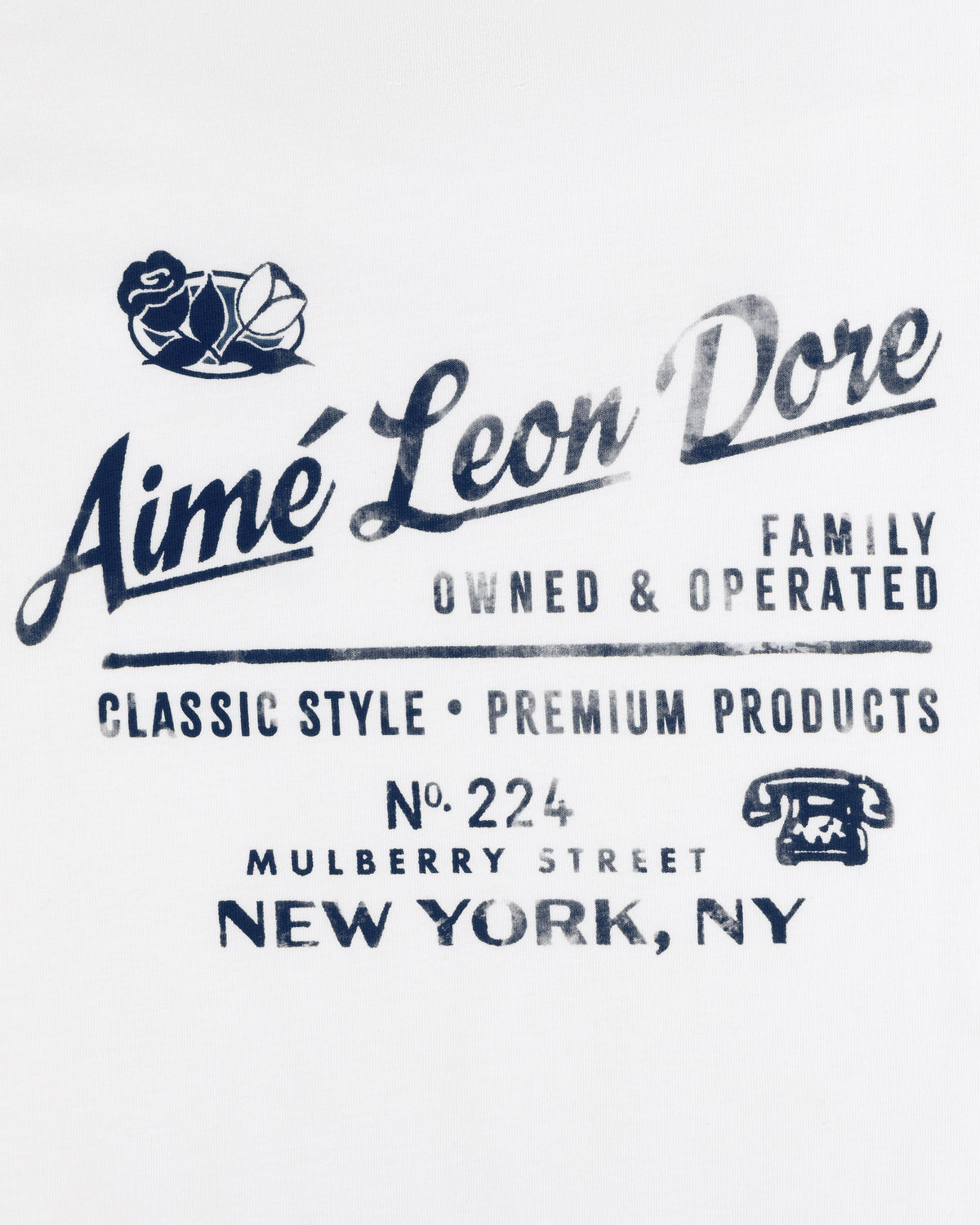 Neighborhood Tee featuring Aimé Leon Dore logo, roses, address, and vintage phone graphic in blue text.