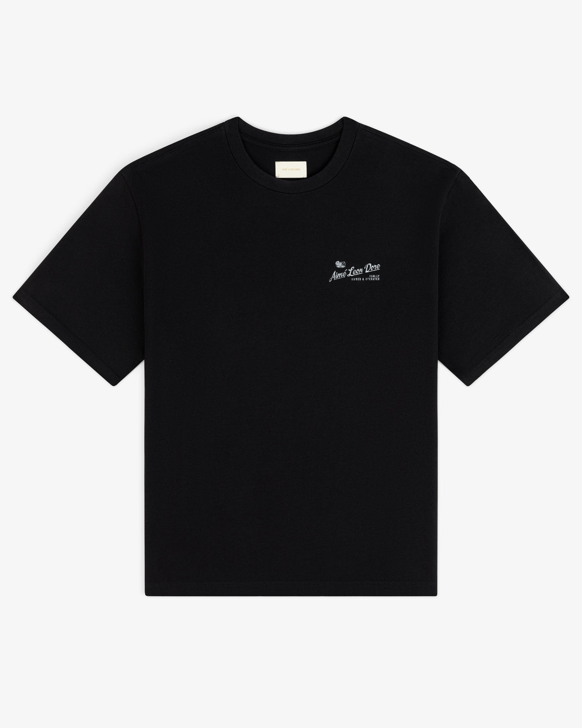 Neighborhood Tee: Black crew neck, short sleeves, small white logo text on left chest.