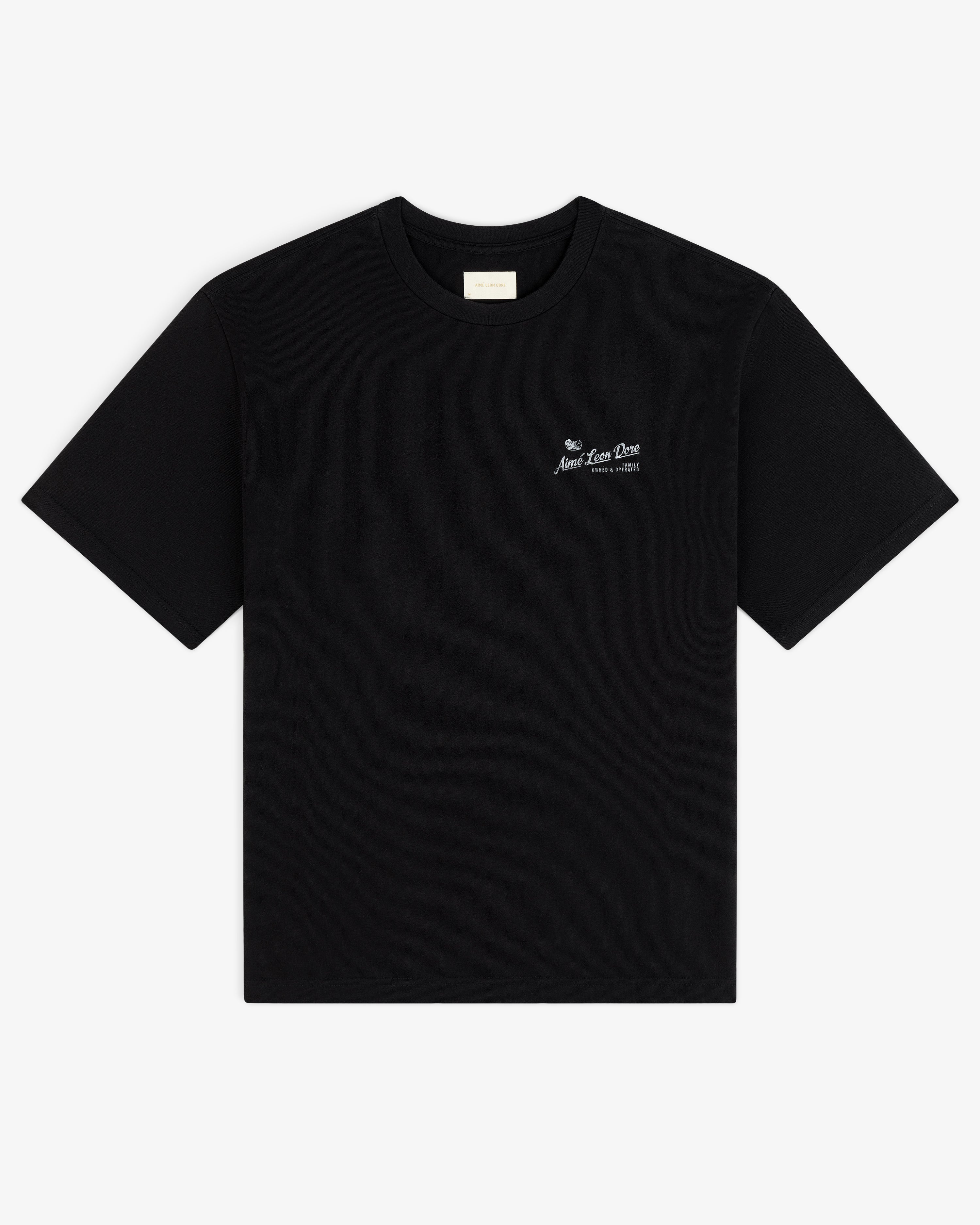 Neighborhood Tee: Black crew neck, short sleeves, small white logo text on left chest.