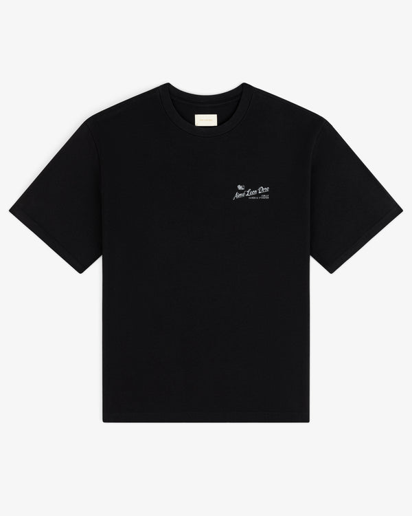 Neighborhood Tee: Black crew neck, short sleeves, small white logo text on left chest.