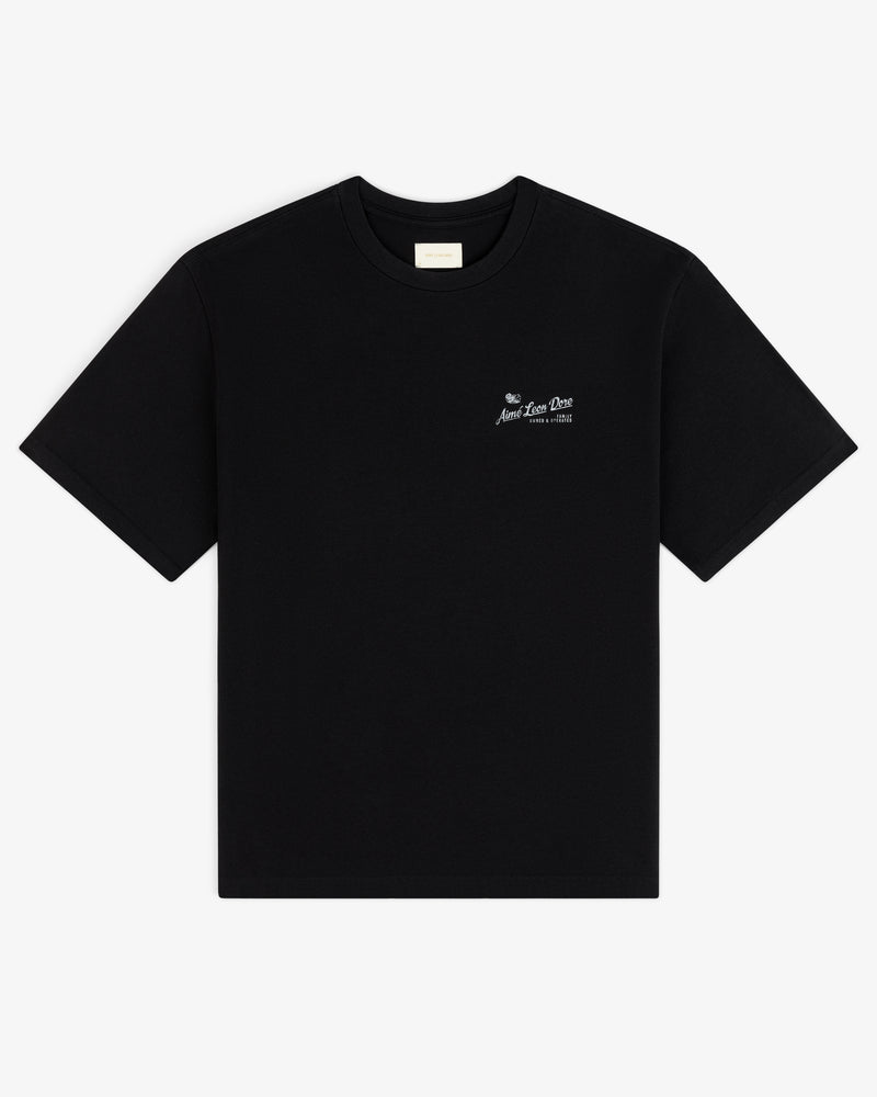 Neighborhood Tee: Black crew neck, short sleeves, small white logo text on left chest.
