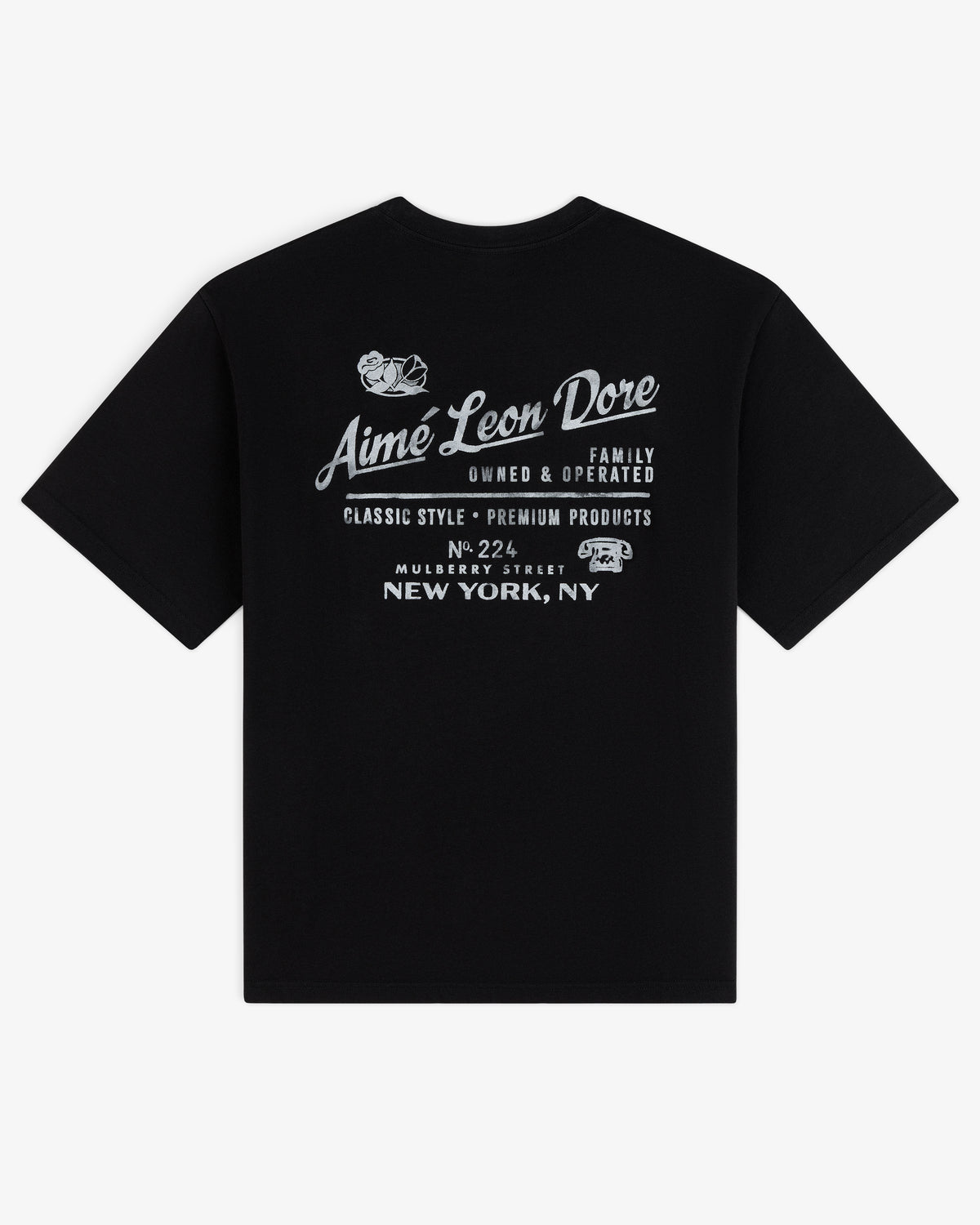 Black Neighborhood Tee with white Aimé Leon Dore, New York, NY text and distinctive graphic design elements.