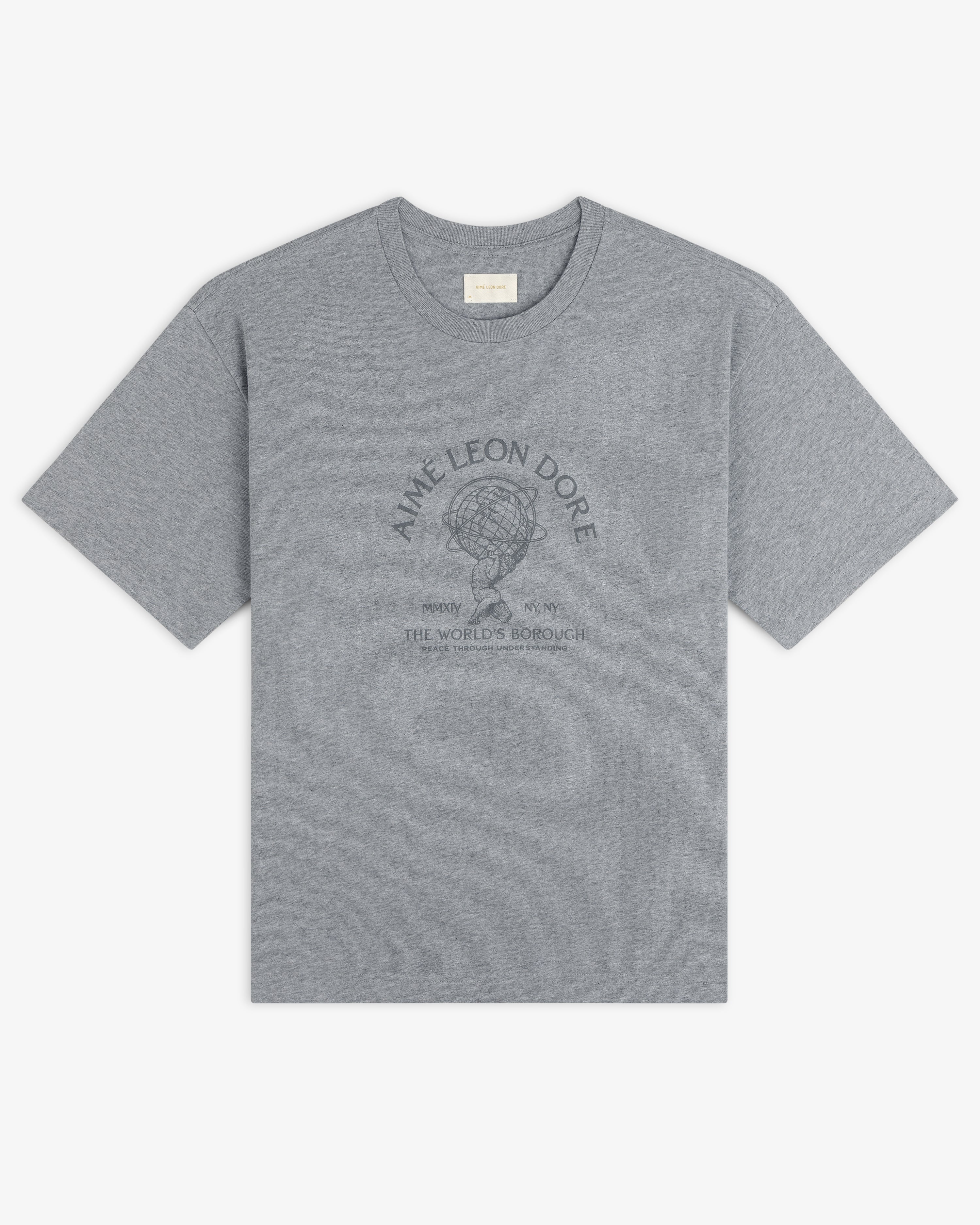 Grey Atlas Melange Tee with a graphic of a hand holding a globe and the text The Worlds Borough on the chest.