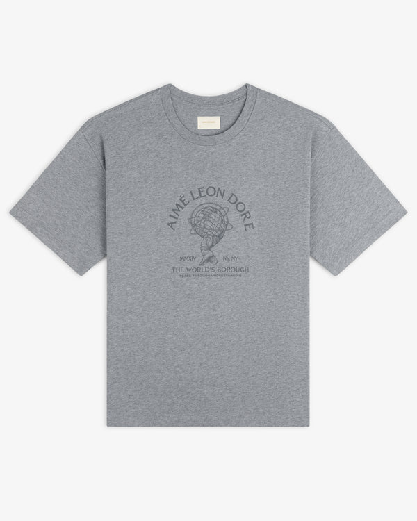 Grey Atlas Melange Tee with a graphic of a hand holding a globe and the text The Worlds Borough on the chest.