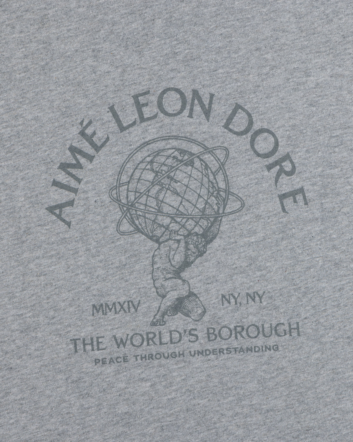 Gray Atlas Melange Tee featuring a graphic of Atlas holding a globe, surrounded by Aimé Leon Dore and MMXIV NY, NY text.