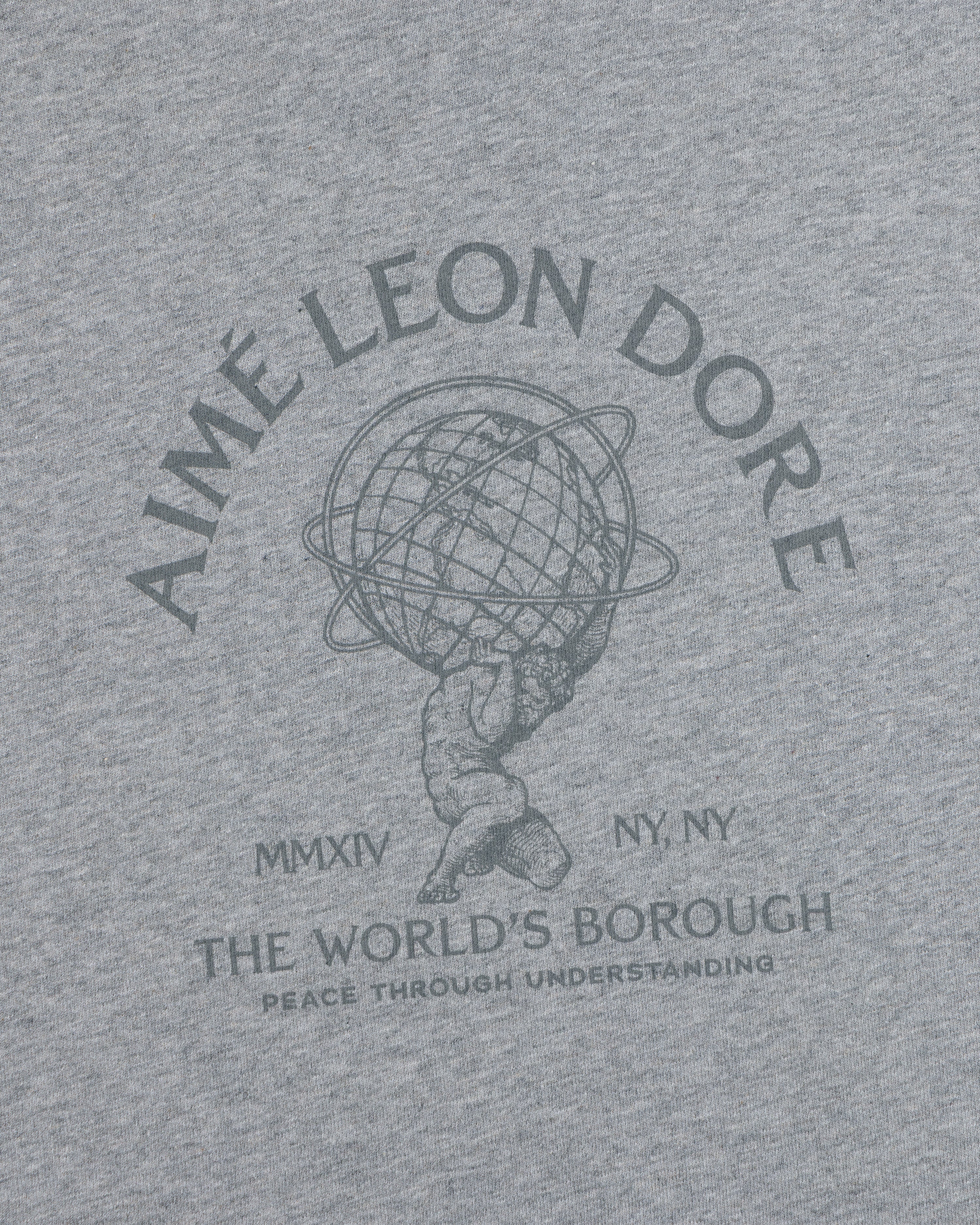 Gray Atlas Melange Tee featuring a graphic of Atlas holding a globe, surrounded by Aimé Leon Dore and MMXIV NY, NY text.