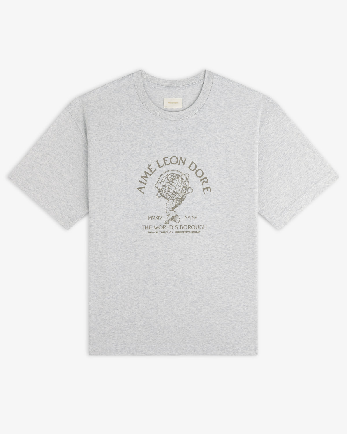 Light gray heathered Atlas Melange Tee with a graphic of a person holding a globe and text on the chest.