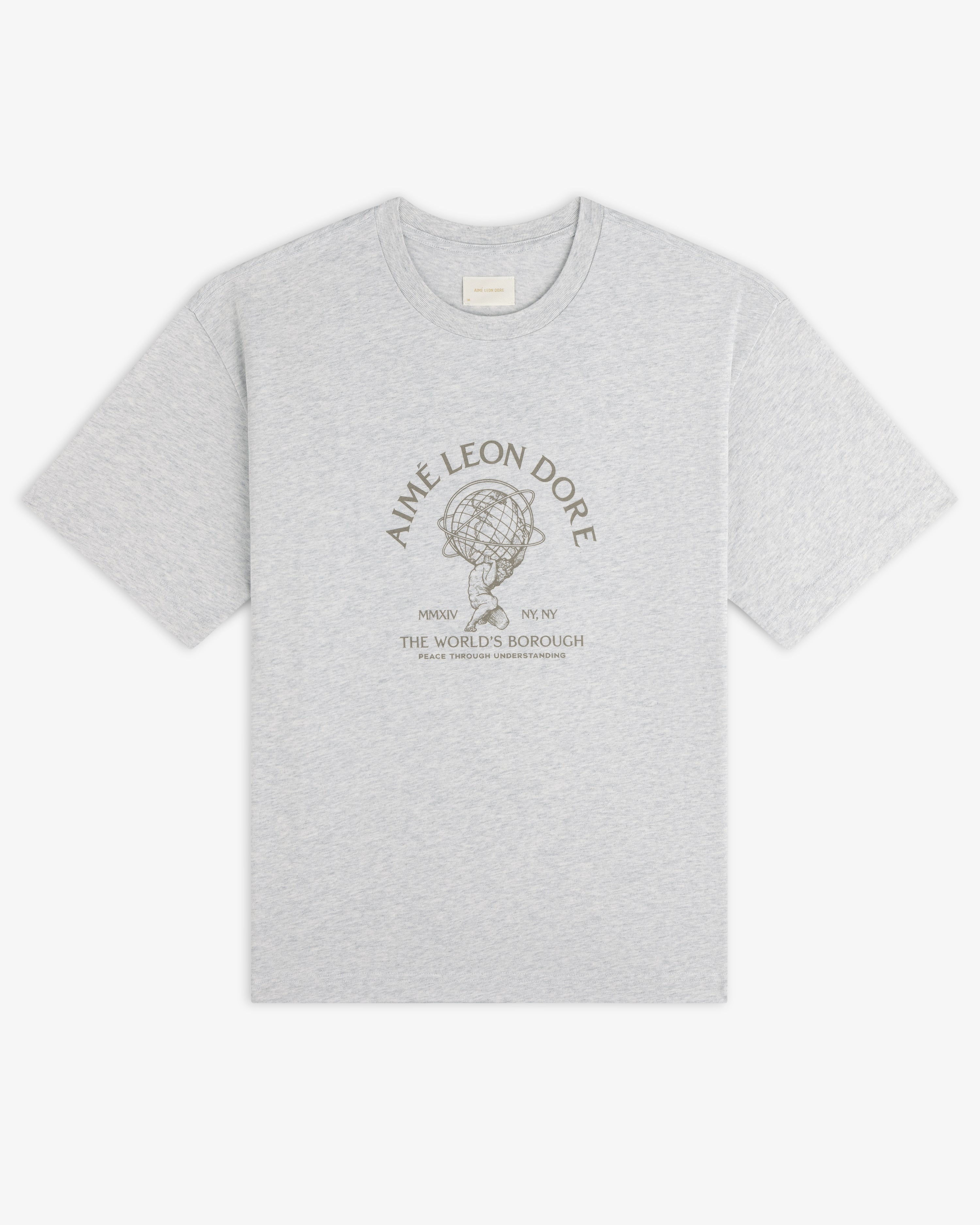 Light gray heathered Atlas Melange Tee with a graphic of a person holding a globe and text on the chest.
