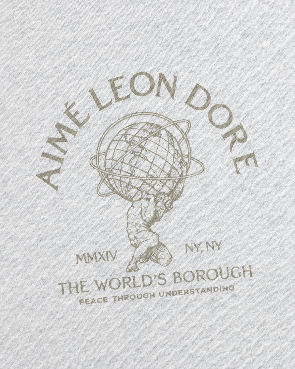 Atlas Melange Tee in light grey heather with a graphic of Atlas holding a globe surrounded by Aimé Leon Dore text.