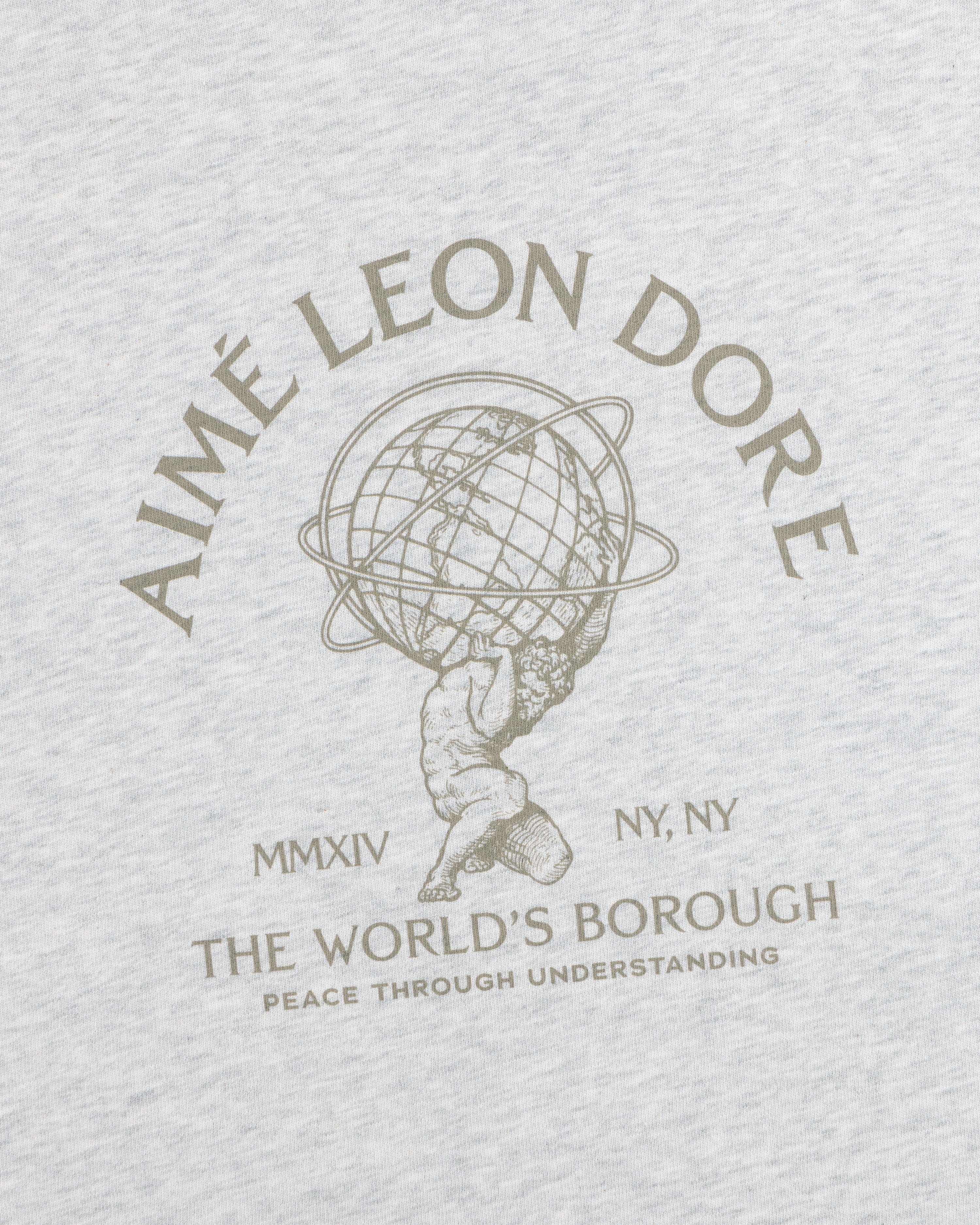 Atlas Melange Tee in light grey heather with a graphic of Atlas holding a globe surrounded by Aimé Leon Dore text.