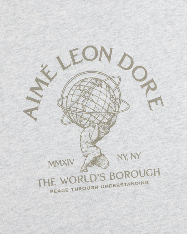 Atlas Melange Tee in light grey heather with a graphic of Atlas holding a globe surrounded by Aimé Leon Dore text.