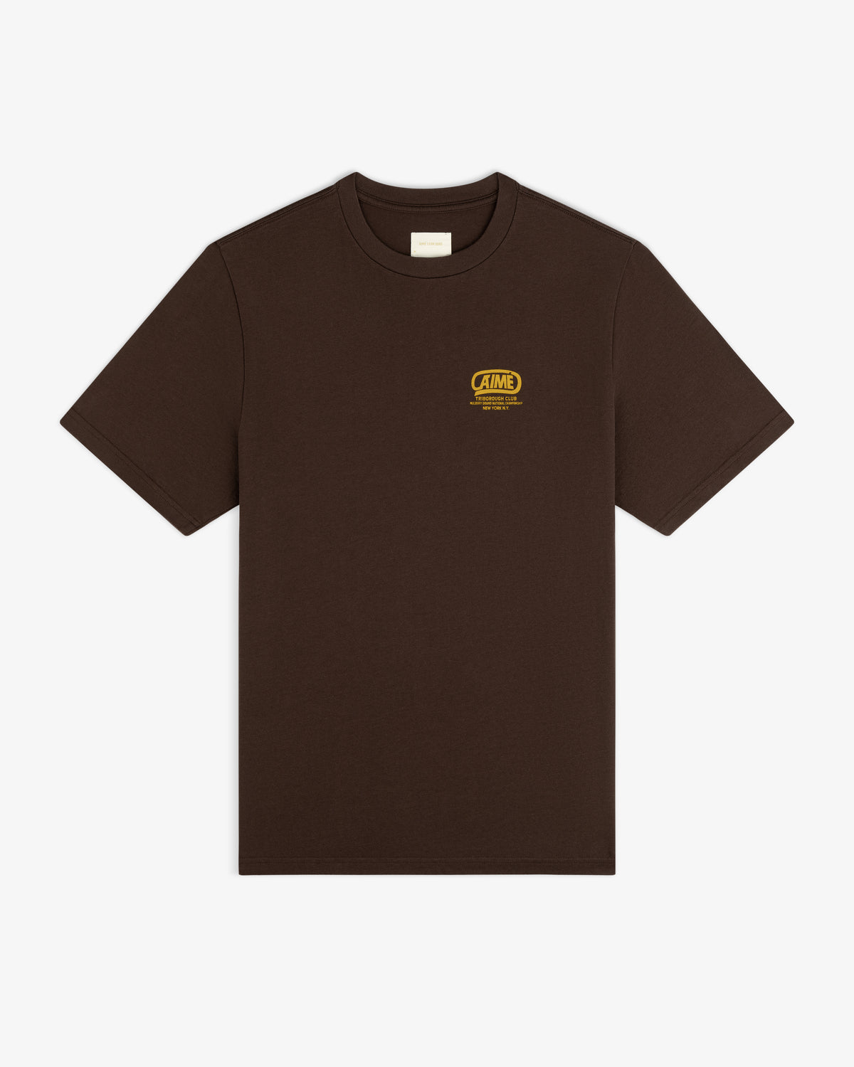 Brown short-sleeved crew neck Triborough Club Tee with a yellow logo on the left chest.