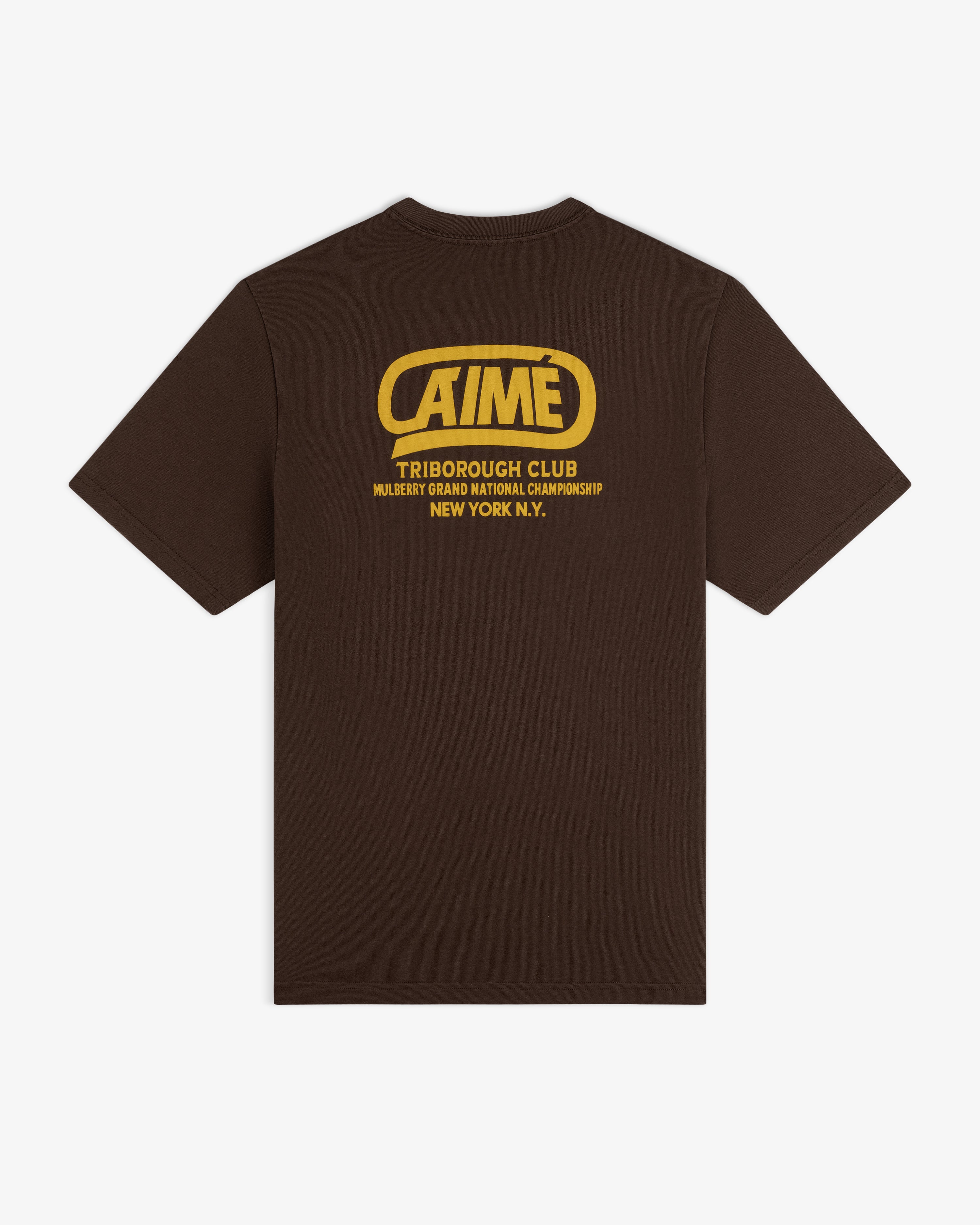 Brown Triborough Club Tee with yellow back graphic reading Aime Triborough Club Mulberry Grand National Championship.