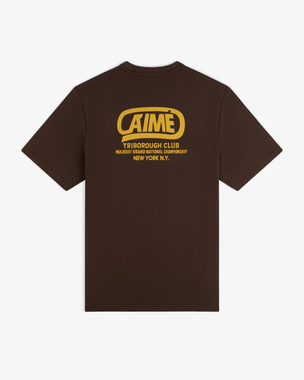 Brown Triborough Club Tee with yellow back graphic reading Aime Triborough Club Mulberry Grand National Championship.