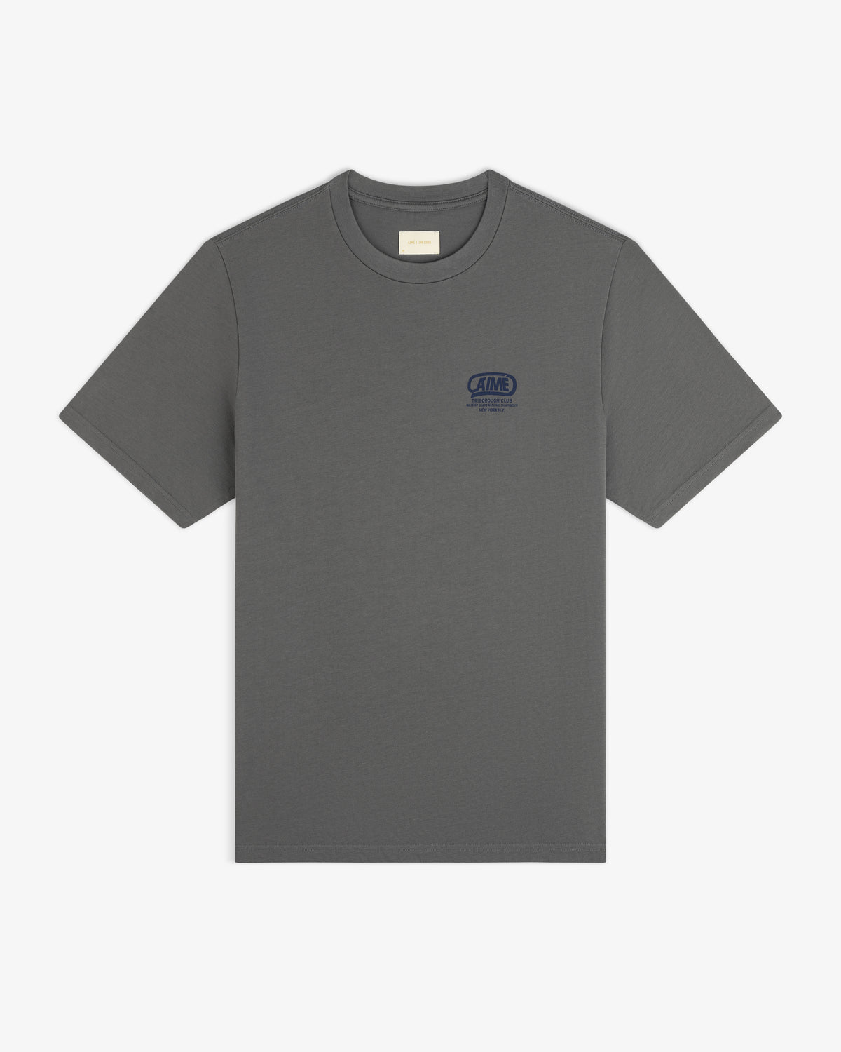 Triborough Club Tee in charcoal gray with a short-sleeve crewneck and a blue logo graphic on the chest.