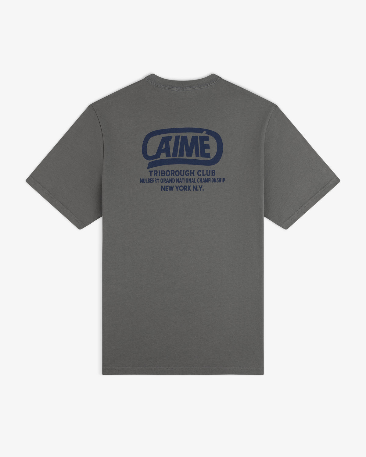 Grey short-sleeve Triborough Club tee with blue back print: AIME TRIBOROUGH CLUB MULBERRY GRAND NATIONAL CHAMPIONSHIP.